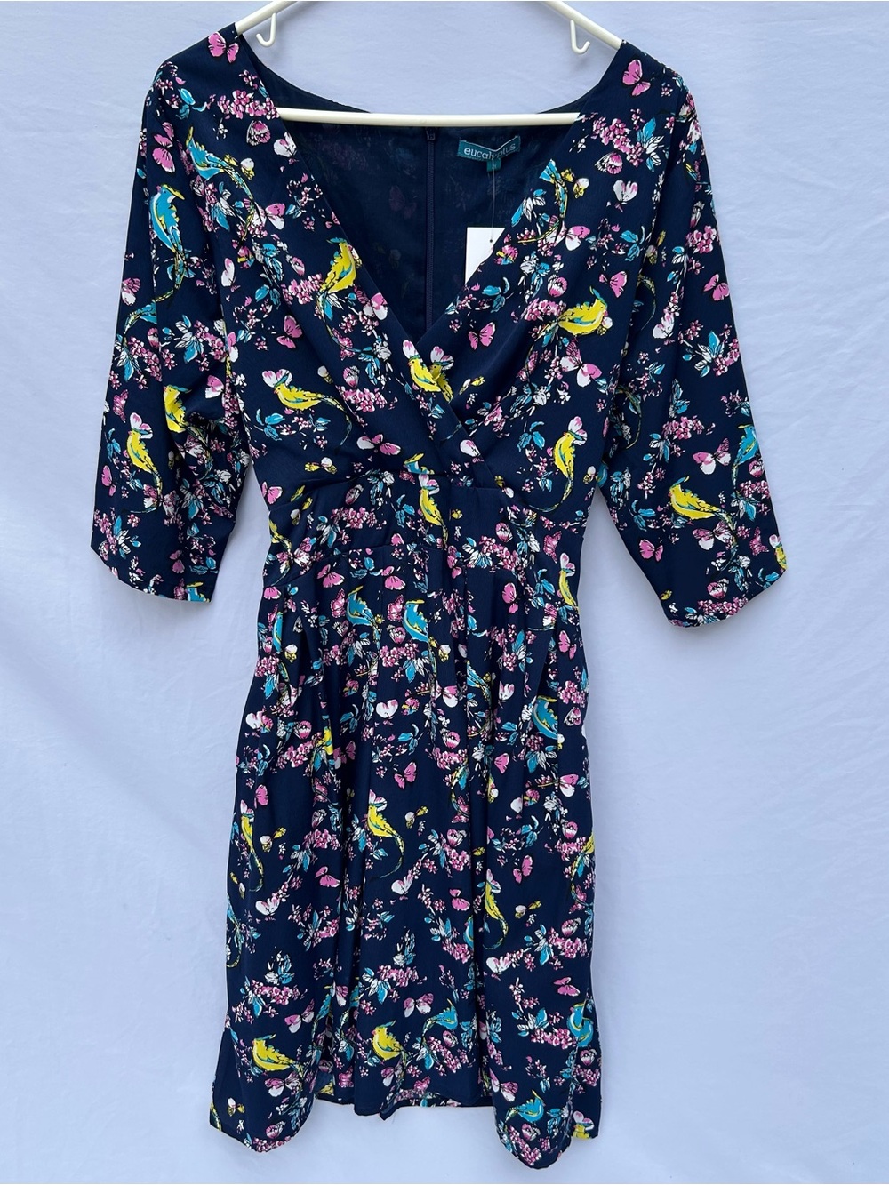 Eucalyptus NWT Bird Print Blue Pink Floral Fit Flare Dress Surplice Pleat Size2X